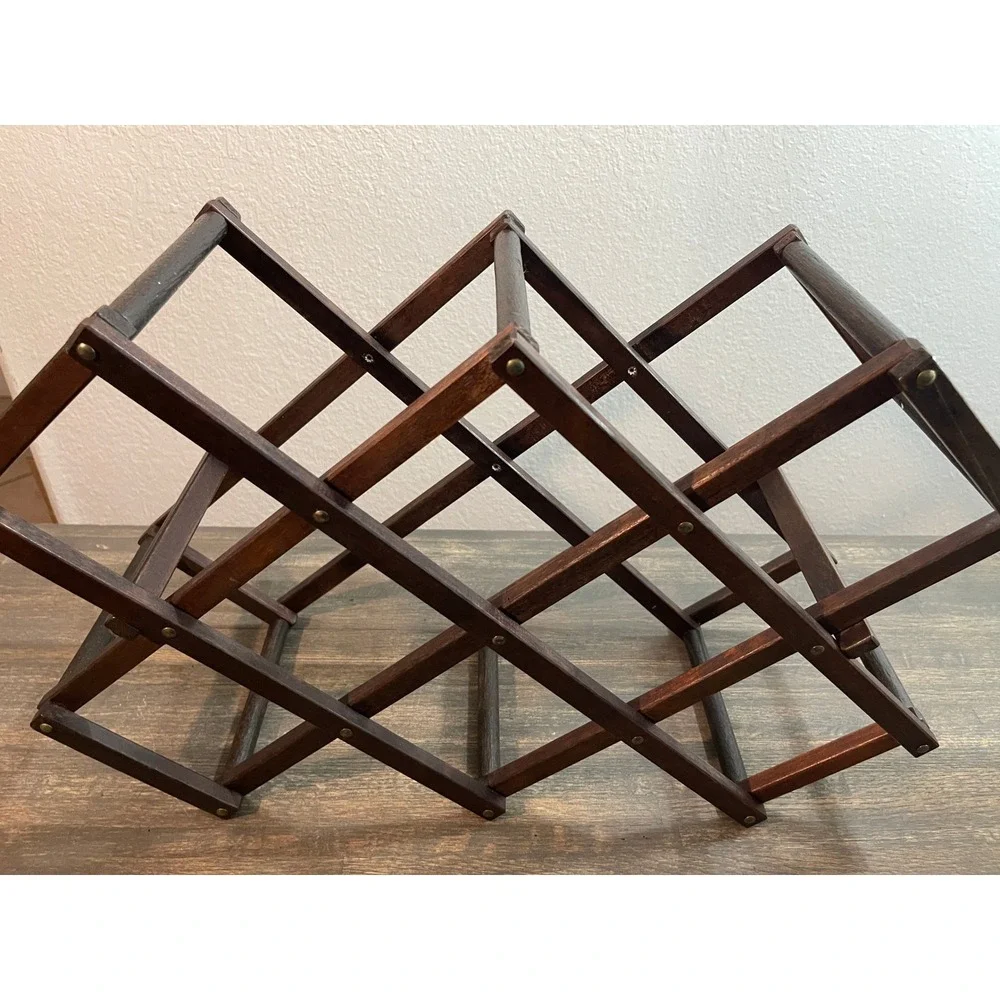 Vintage Wood Accordion Wine Rack 10 Bottle Collapsible Folding Countertop Brown